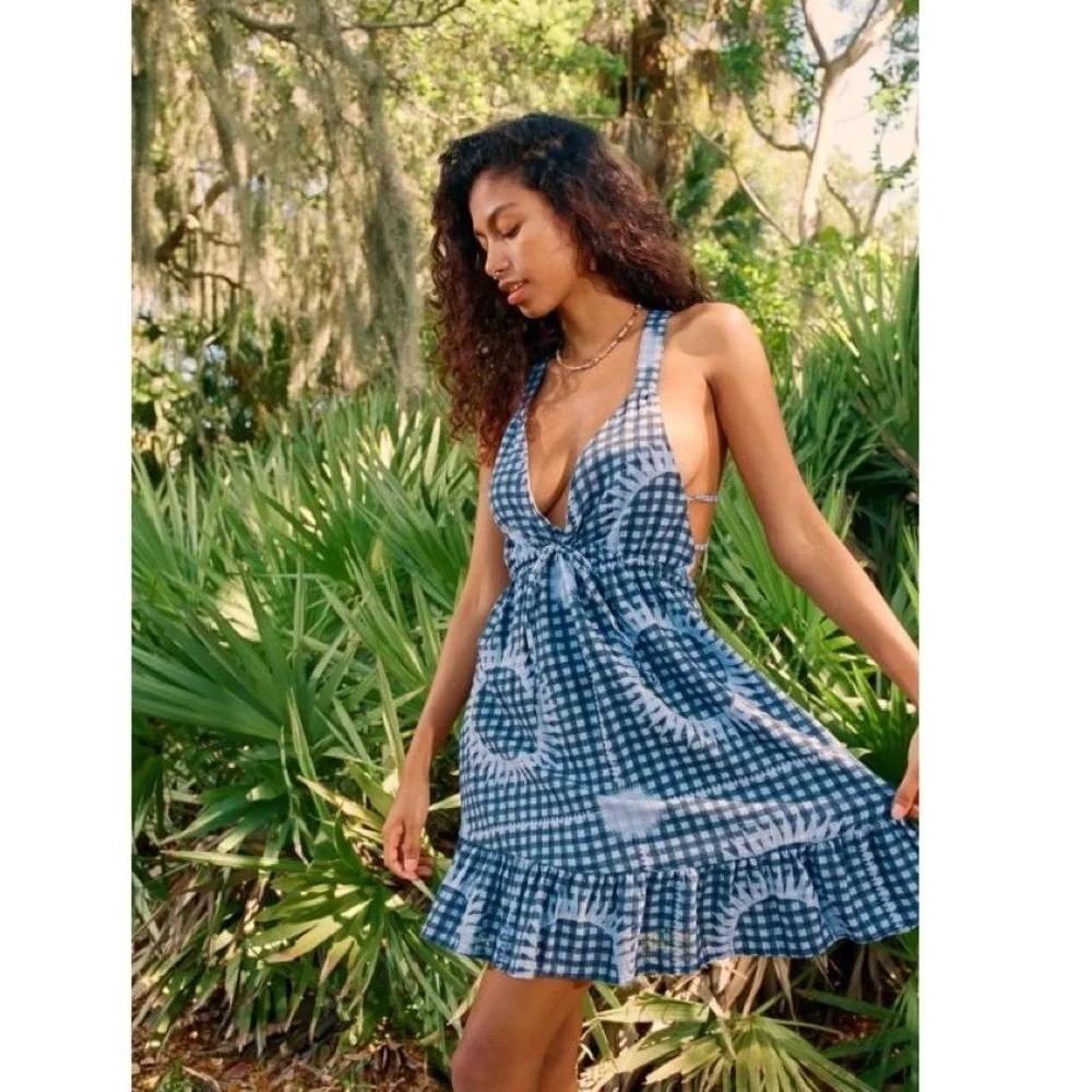 Urban Outfitters Hansel Blue Gingham Sunburst Strappy Back Ruffle Dress Small